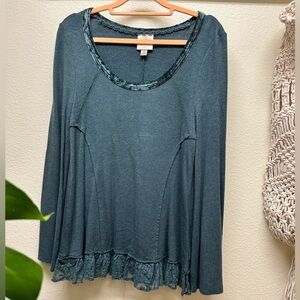 Knox Rose Teal Blouse with Lace Trim